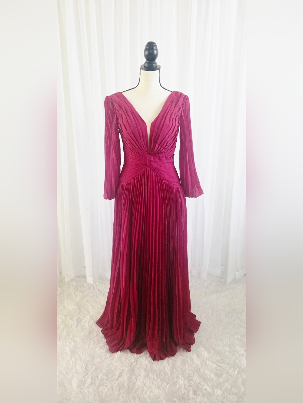 Women's Deep Berry Pleated V-Neck Evening Dress